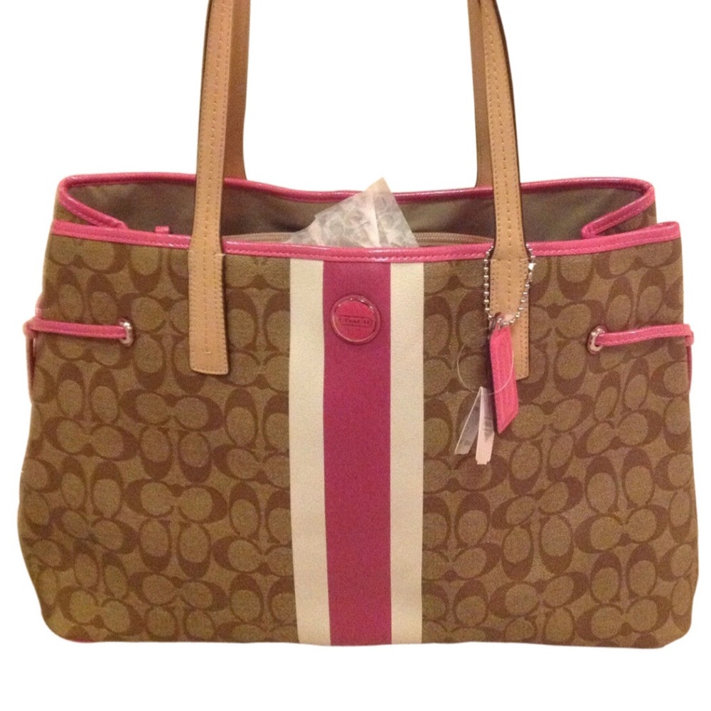 Coach Signature Stripe Tote Brown Pink